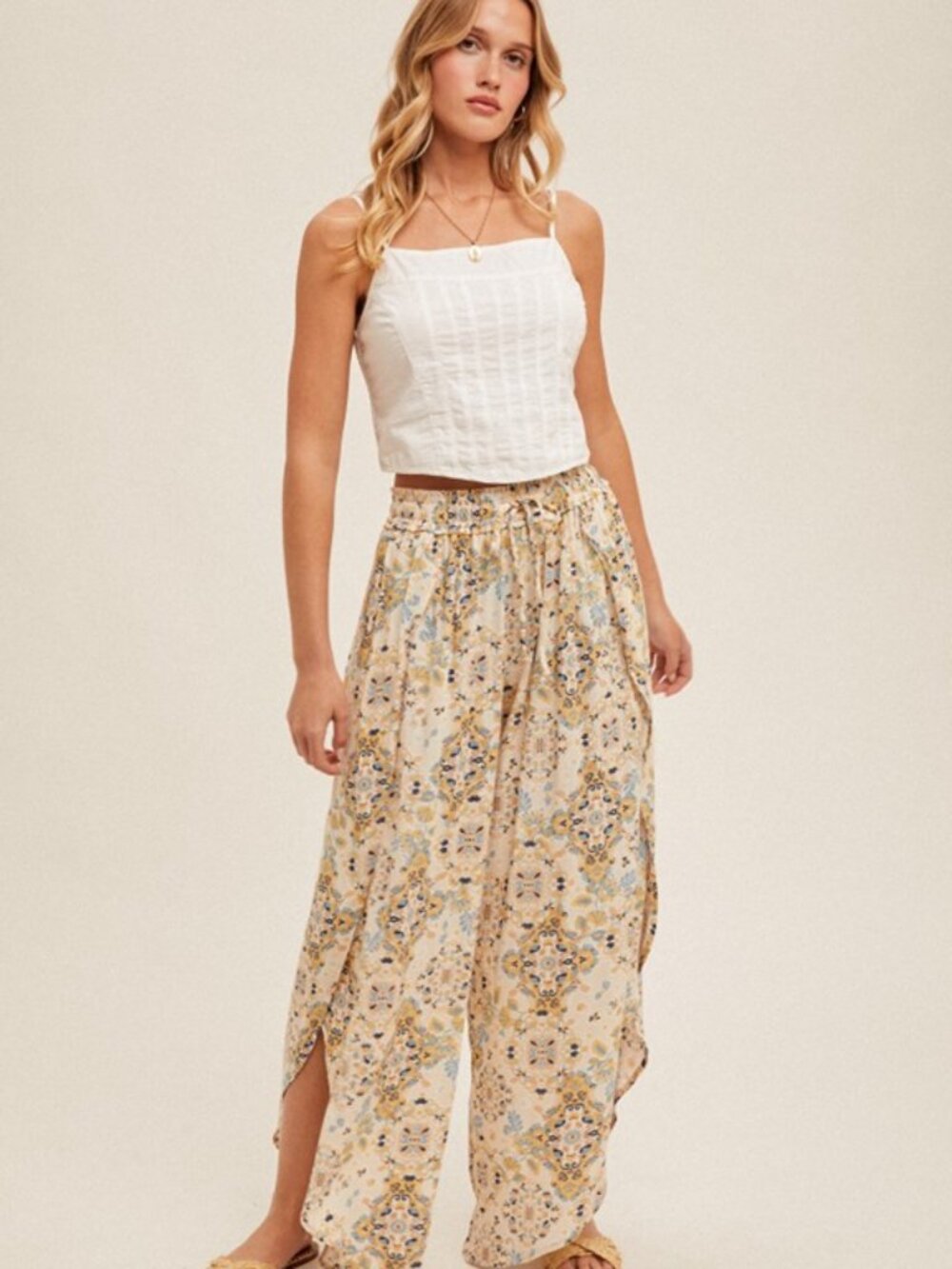 NWT Boutique: Hem & Thread Mosaic Printed Tulip Hem Pants in Taupe - 100% Cotton - Picture 7 of 7